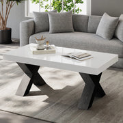 Tavolino basso fisso rettangolare con piano lucido e gambe a X in MDF bianco e nero 100 × 50 × 40 cm