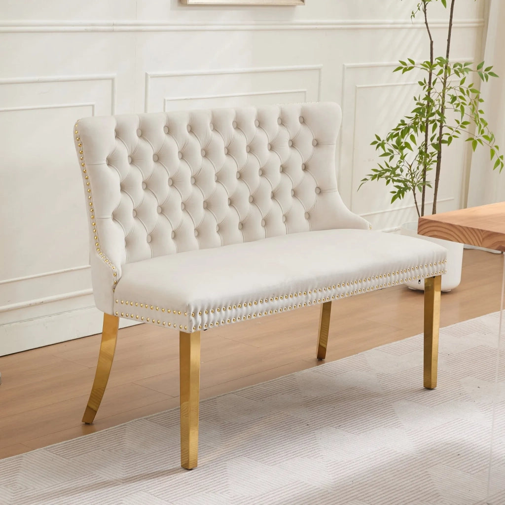 Panca da pranzo imbottita in velluto a coste beige, 2 posti, schienale alto, bottoni artigianali, gambe acciaio dorato, stile moderno, confezione singola
