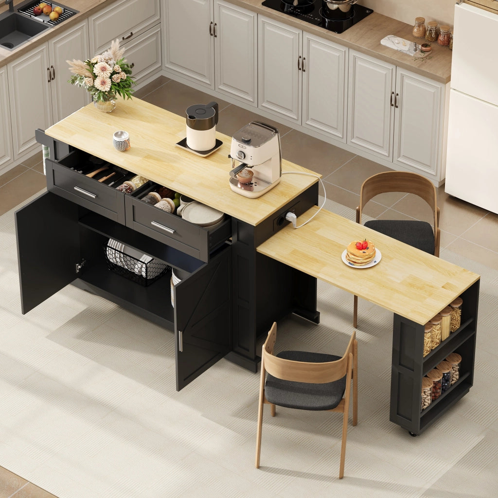 Mobile base da cucina con piano estraibile prese USB cassetti ruote e ripiano regolabile MDF nero naturale