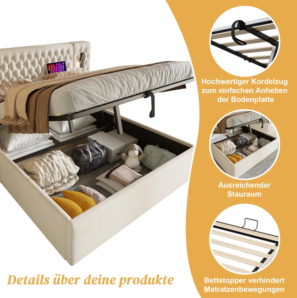 Letto contenitore 160 x 200 cm con comodini, luci e ricarica