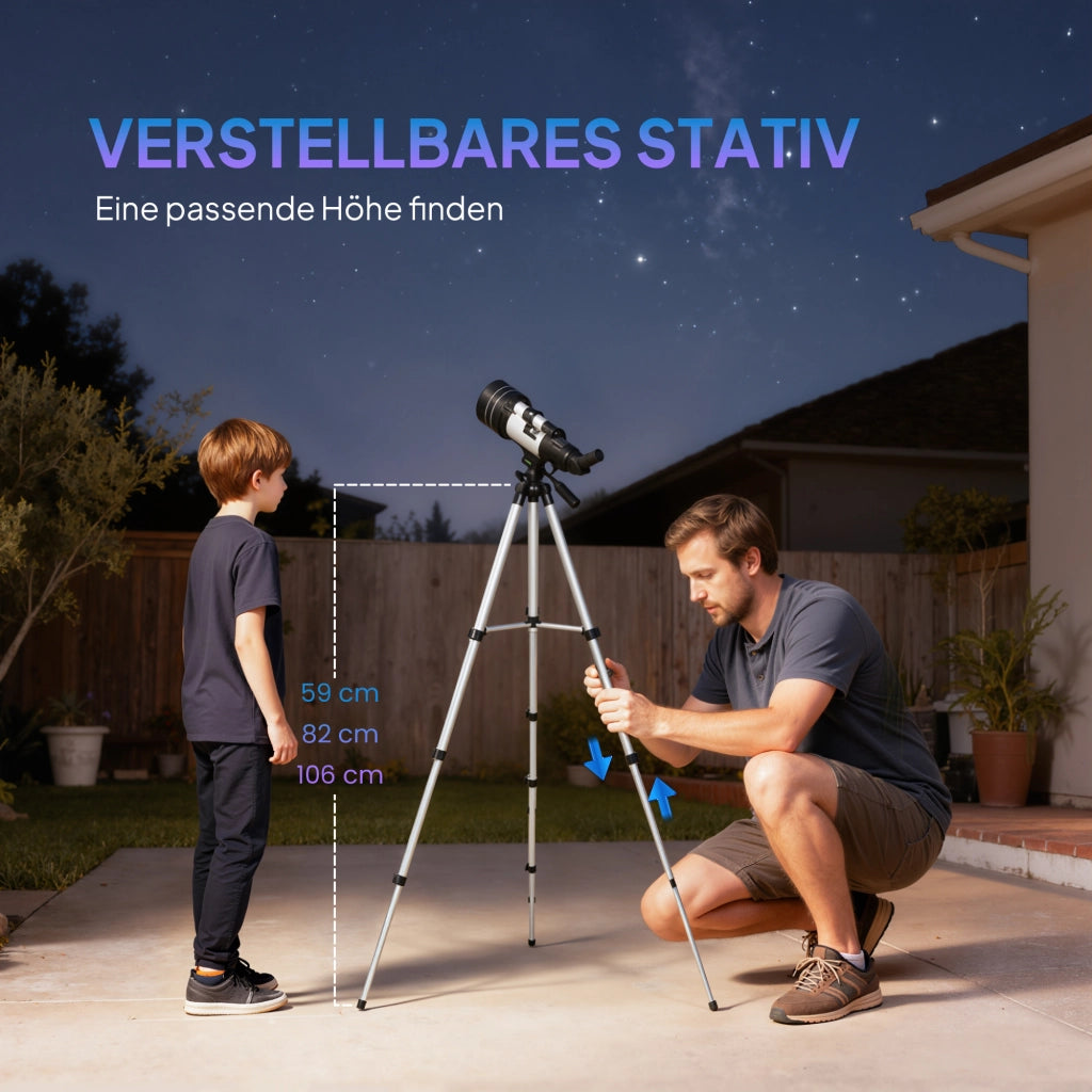 Telescopio astronomico con obiettivo da 70 mm, 5 x 24, treppiede regolabile, argento, per principianti