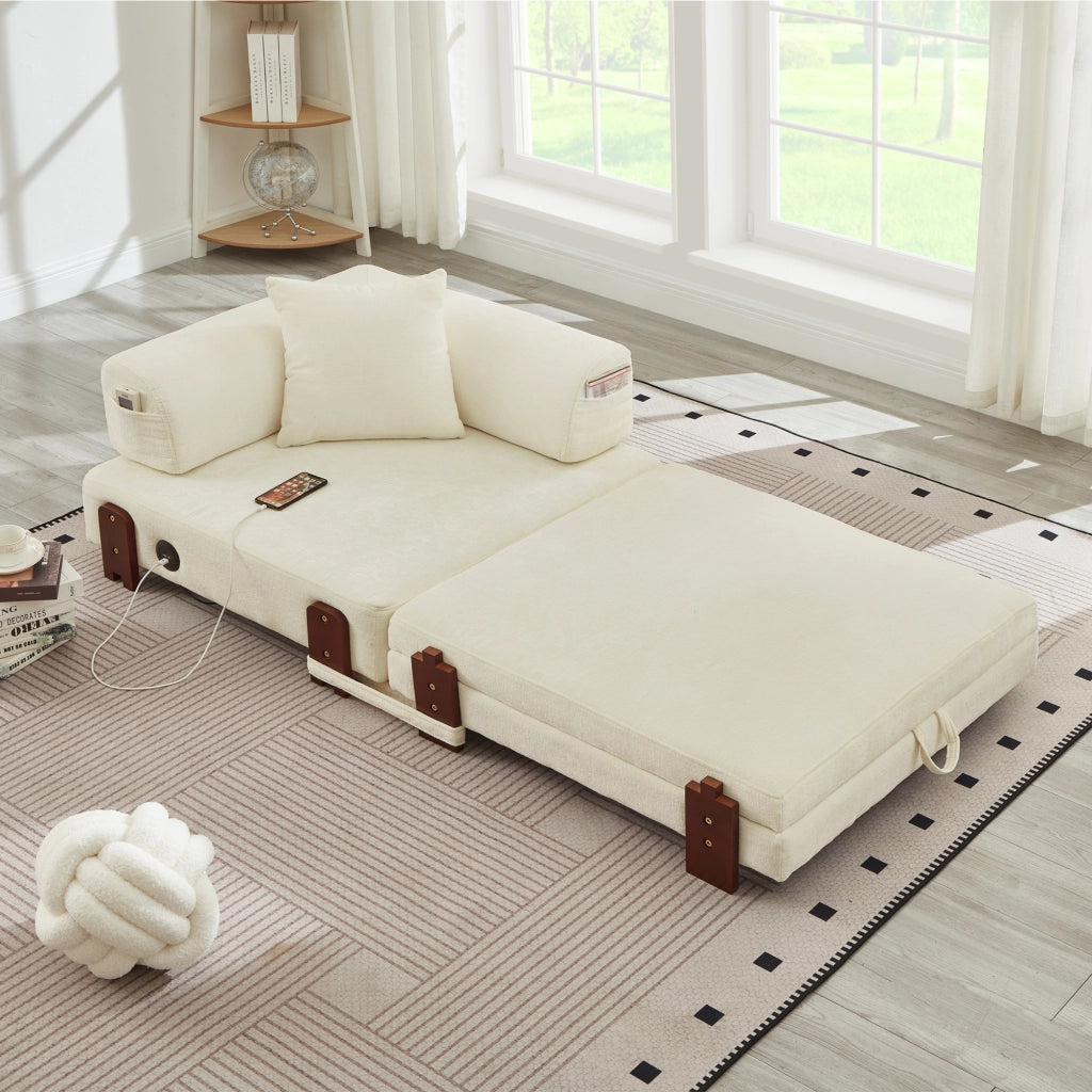Divano letto pieghevole con contenitore; porte USB e tipo C; tasche laterali e cuscino in tessuto beige