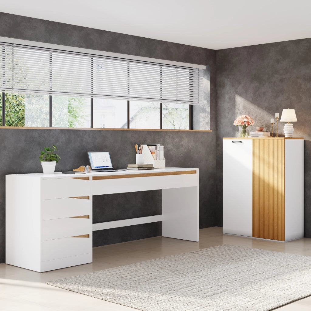 Set di mobili da ufficio con scrivania regolabile; vano ribaltabile e armadio portadocumenti in MDF bianco rovere