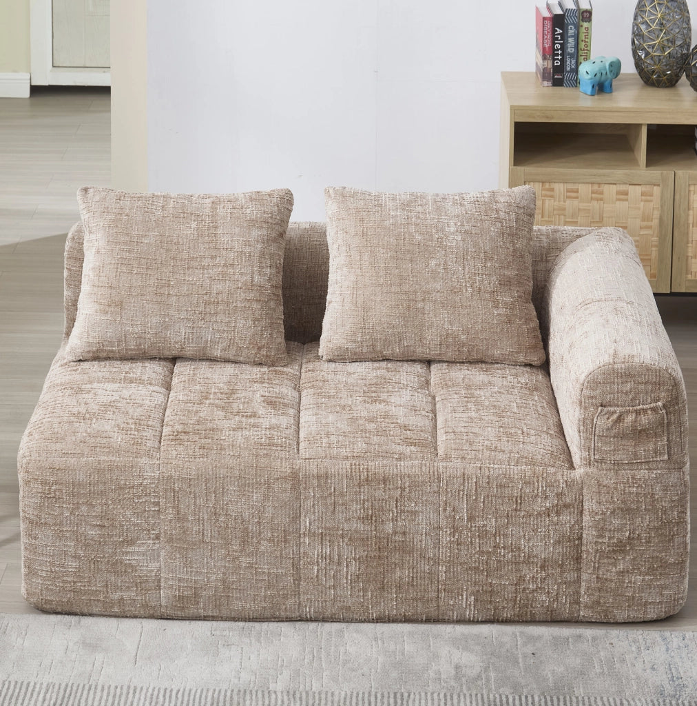 Divano 2 posti khaki con chaise longue, tessuto Chenille e cuscino, tasche laterali per telecomando e telefono