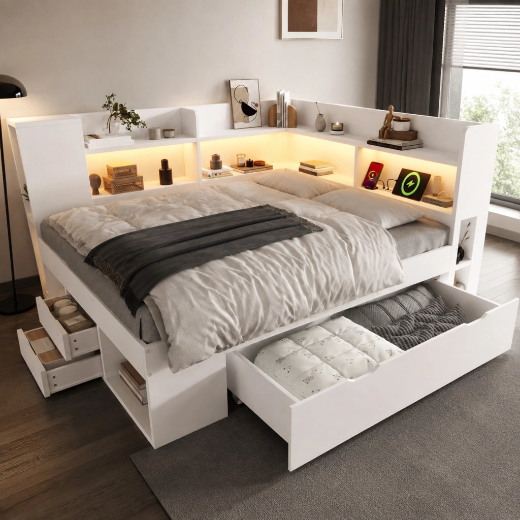 Letto matrimoniale a piattaforma 140 × 200 cm in legno bianco con LED USB Tipo C cassetti e ripiani