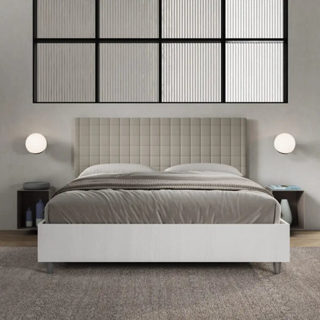 Letto matrimoniale contenitore 160x200 bianco frassino testata similpelle tortora Burmy