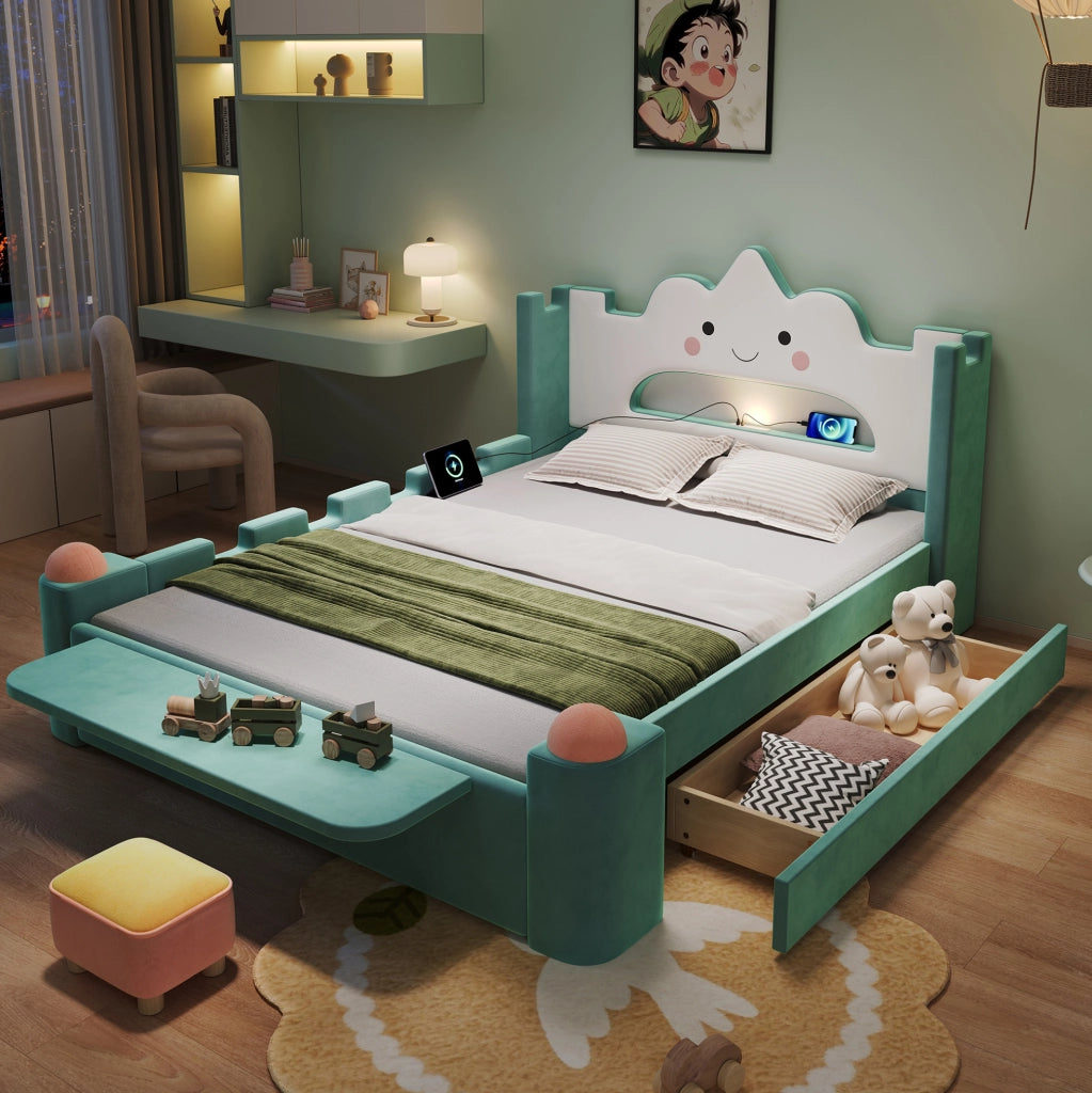 Letto imbottito per bambini 140x200 cm con lampada LED USB in velluto blu-verde