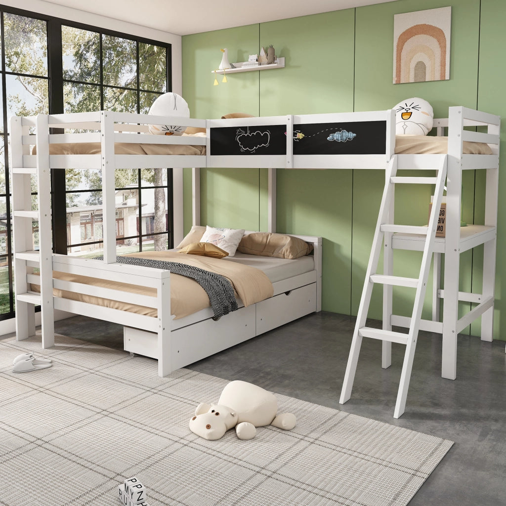 Letto a soppalco per bambini tre posti con scrivania cassetti in legno bianco e rovere con scala sicura