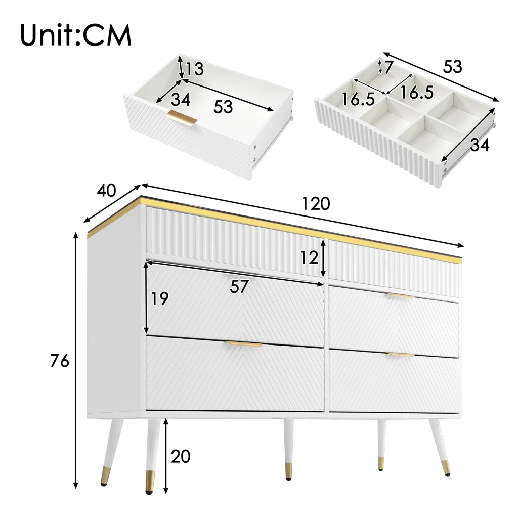 Comò con 6 cassetti e divisori rimovibili vetro marrone e metallo bianco 120 × 40 × 76 cm