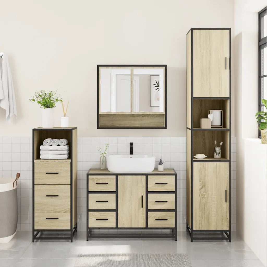 Set Mobili da Bagno | Armadio da bagno 3 pz Rovere Sonoma in Legno Multistrato