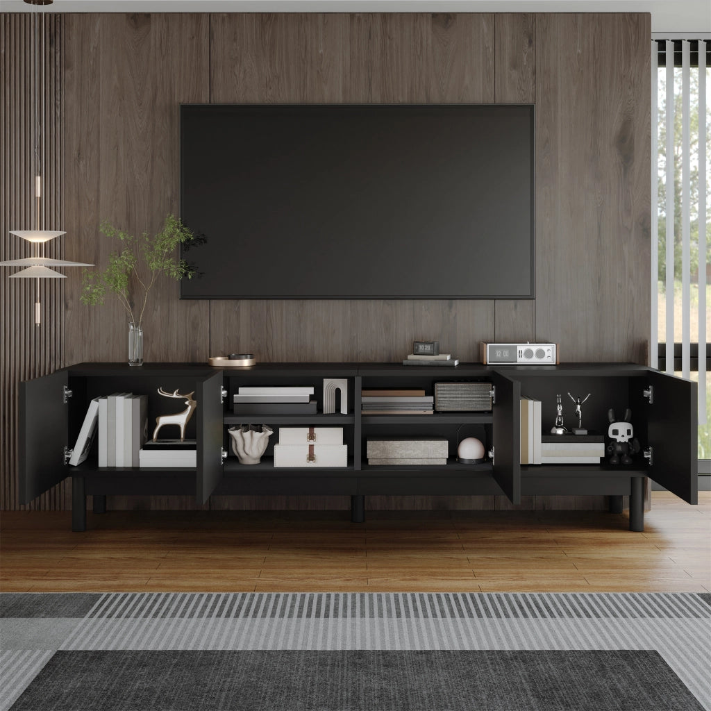 Mobile porta televisore nero a quattro ante con ripiani e gambe stabilizzanti, 169 x 34 x 45,5 cm