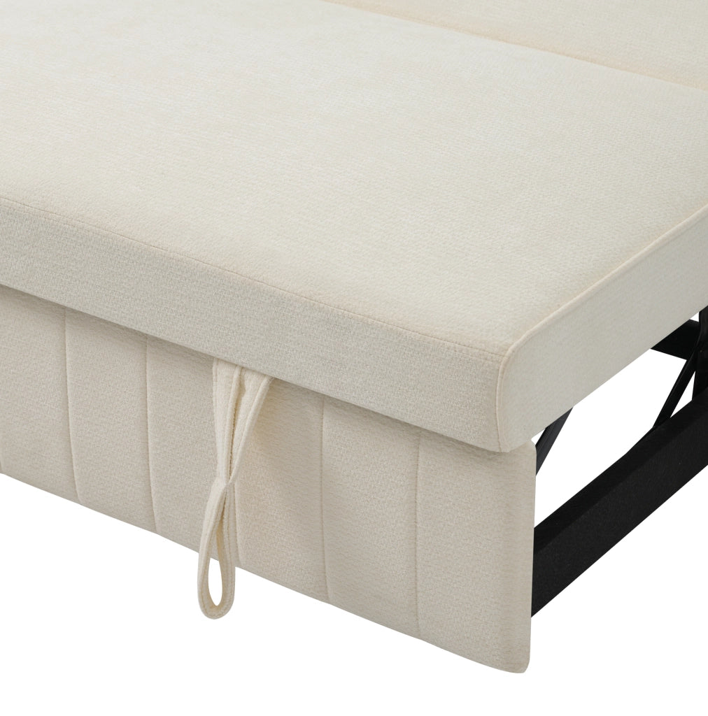 Divano Letto Multifunzionale Beige in Chenille con Contenitore, Porta USB e Porta Bicchieri, 2 Posti, 140x137x84 cm