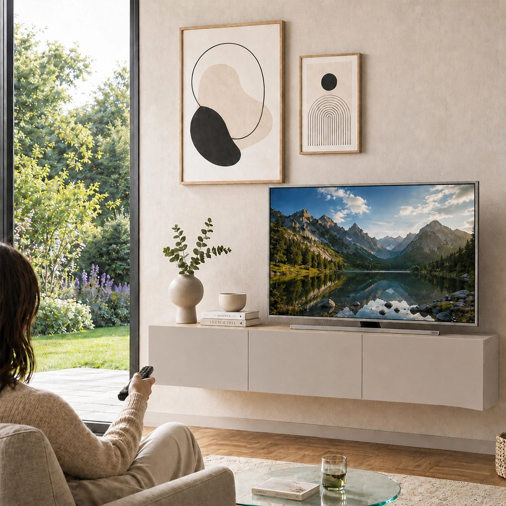 Mobile TV sospeso 180 x 30 cm FRANCY Sabbia con 3 Ante a ribalta Porta TV parete