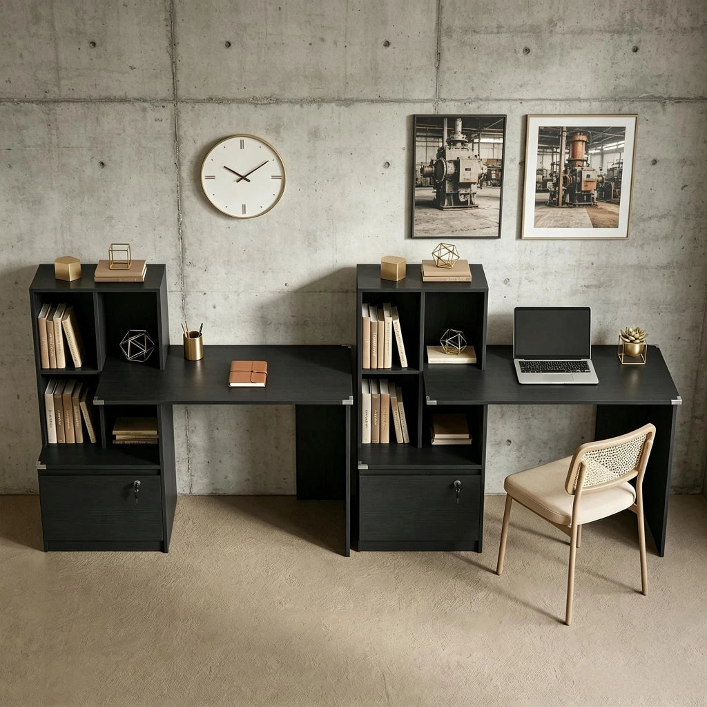 Scrivania per computer nera con libreria a 4 ripiani e cassetto chiudibile
