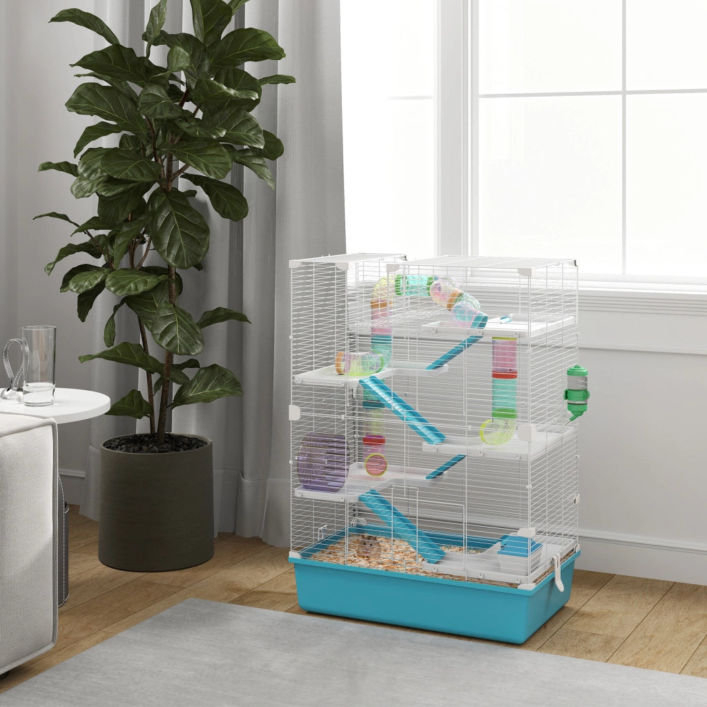 Gabbia per criceti a sei livelli con torri doppie; tubi e accessori in plastica azzurro chiaro 58 × 36 × 81 cm