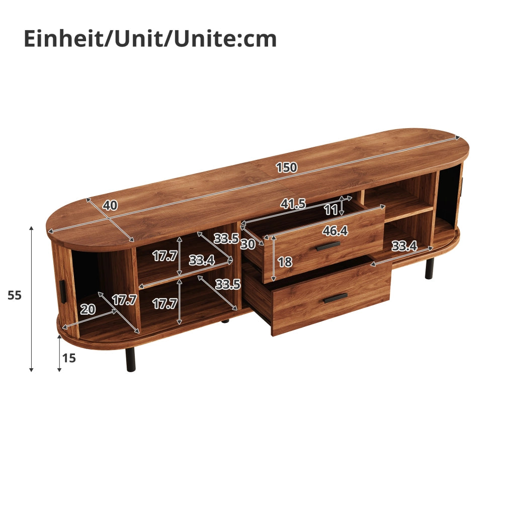 Mobile TV con ante scorrevoli; 2 cassetti e 5 piedi in metallo nero color noce 150 ¡Á 40 ¡Á 55 cm