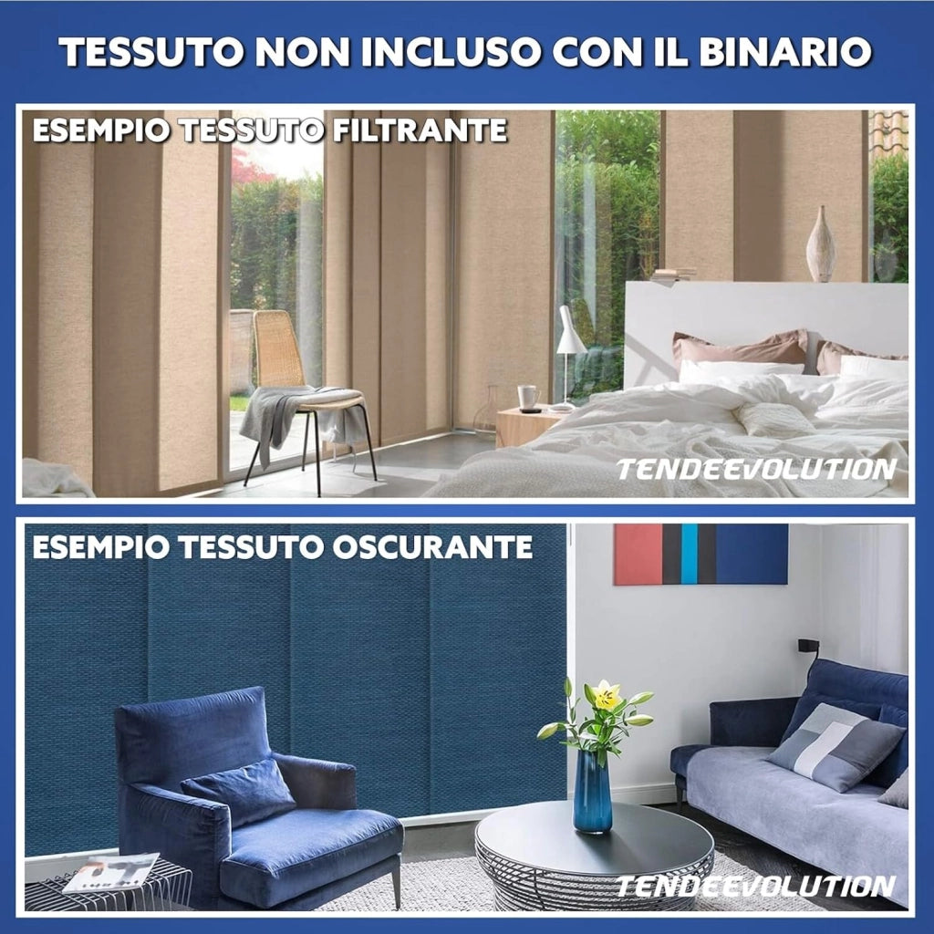 Bastone per Tende A Pannello Comando a Corda Apertura a sinistra, Binario a 5 vie con portapannelli da 55 CM, Attacco Parete Lunghezza 250 CM