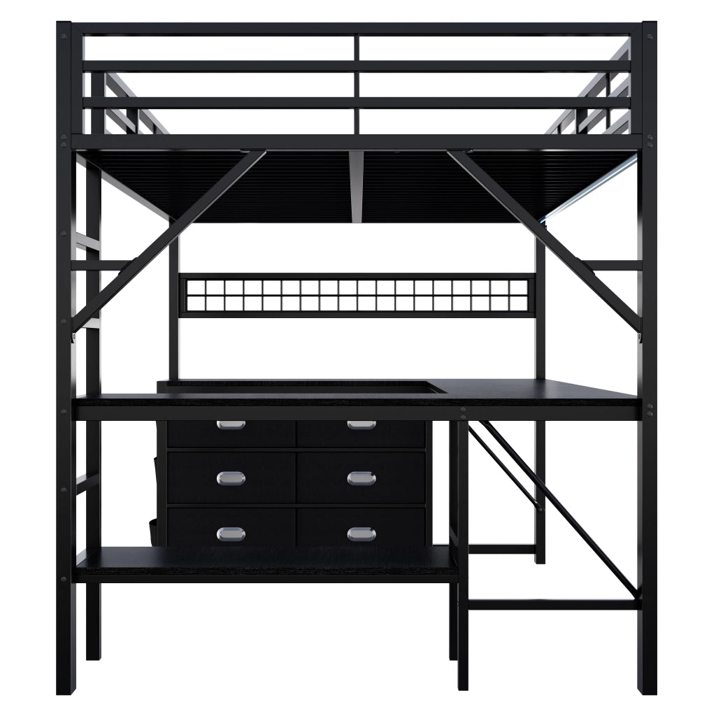 Letto a soppalco 140 × 200 cm con scrivania sei cassetti LED libreria in MDF e metallo nero
