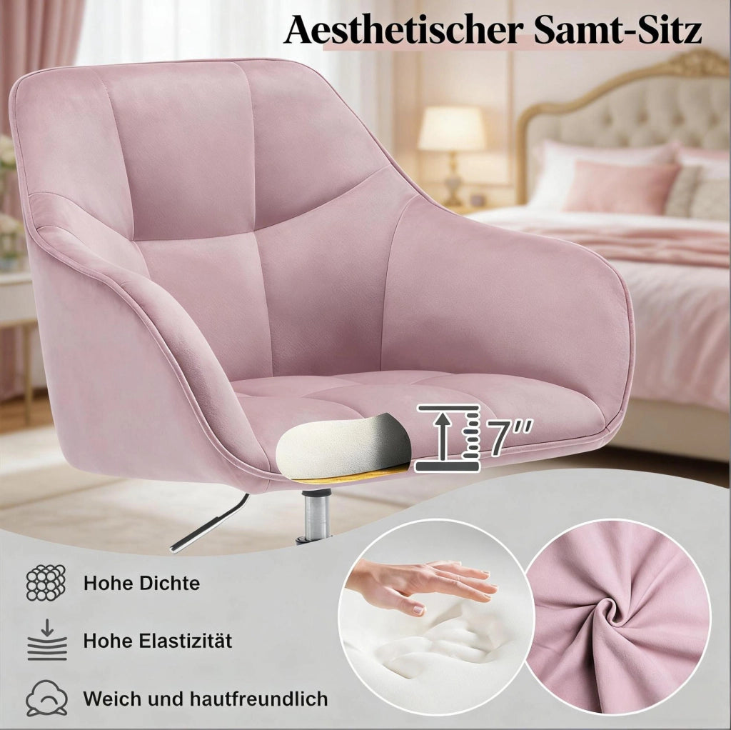 Sedia da ufficio ergonomica in velluto rosa, regolabile e girevole