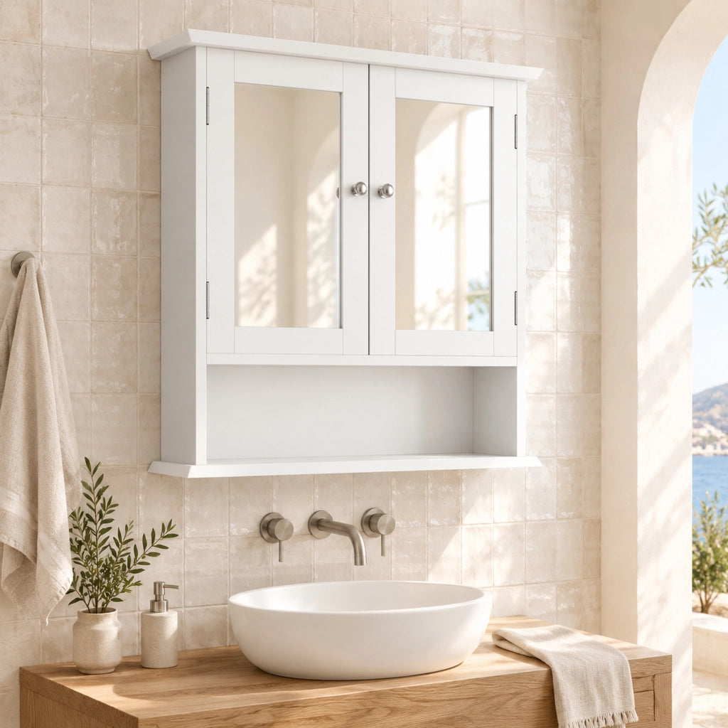 Mobile bagno sospeso 54,6x19,8x60 cm con specchio e ripiani in MDF bianco