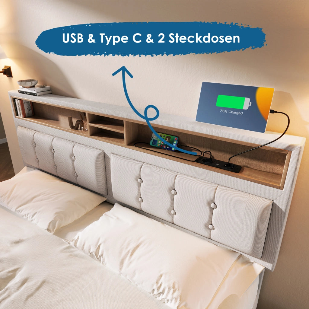 Letto Matrimoniale 140x200 cm con 4 Cassetti; USB; Type-C e Testiera Regolabile in Lino Beige