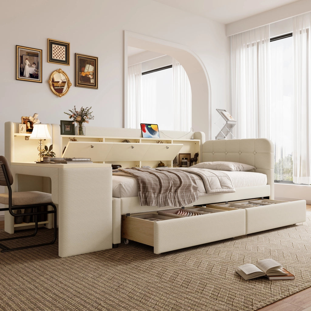 Letto giorno funzionale in lino beige 90x200 cm