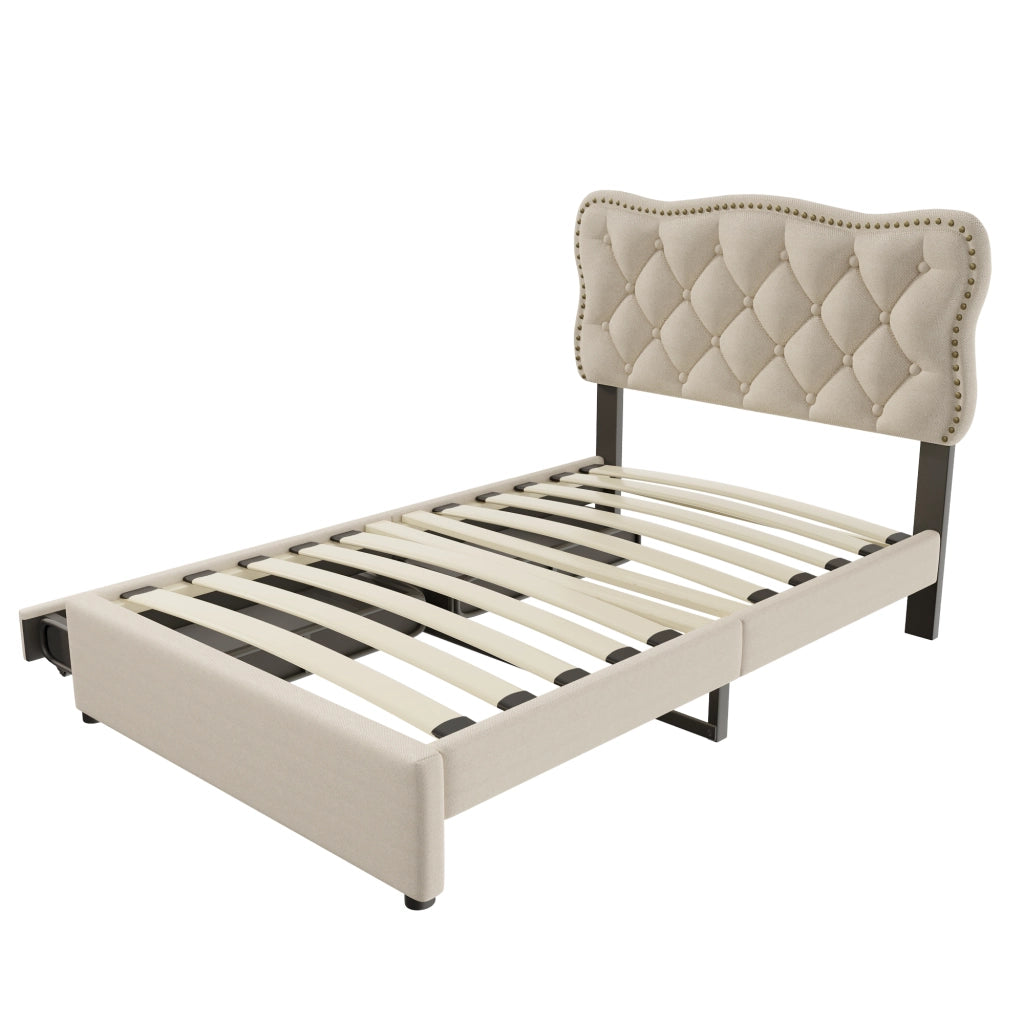 Letto imbottito 90x200 cm con 2 cassetti in MDF e tessuto beige scuro