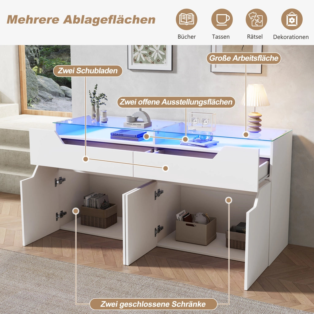 Madia con 2 cassetti e ante in MDF bianco; vetro temperato e illuminazione LED controllabile tramite app 140 × 40 × 70 cm