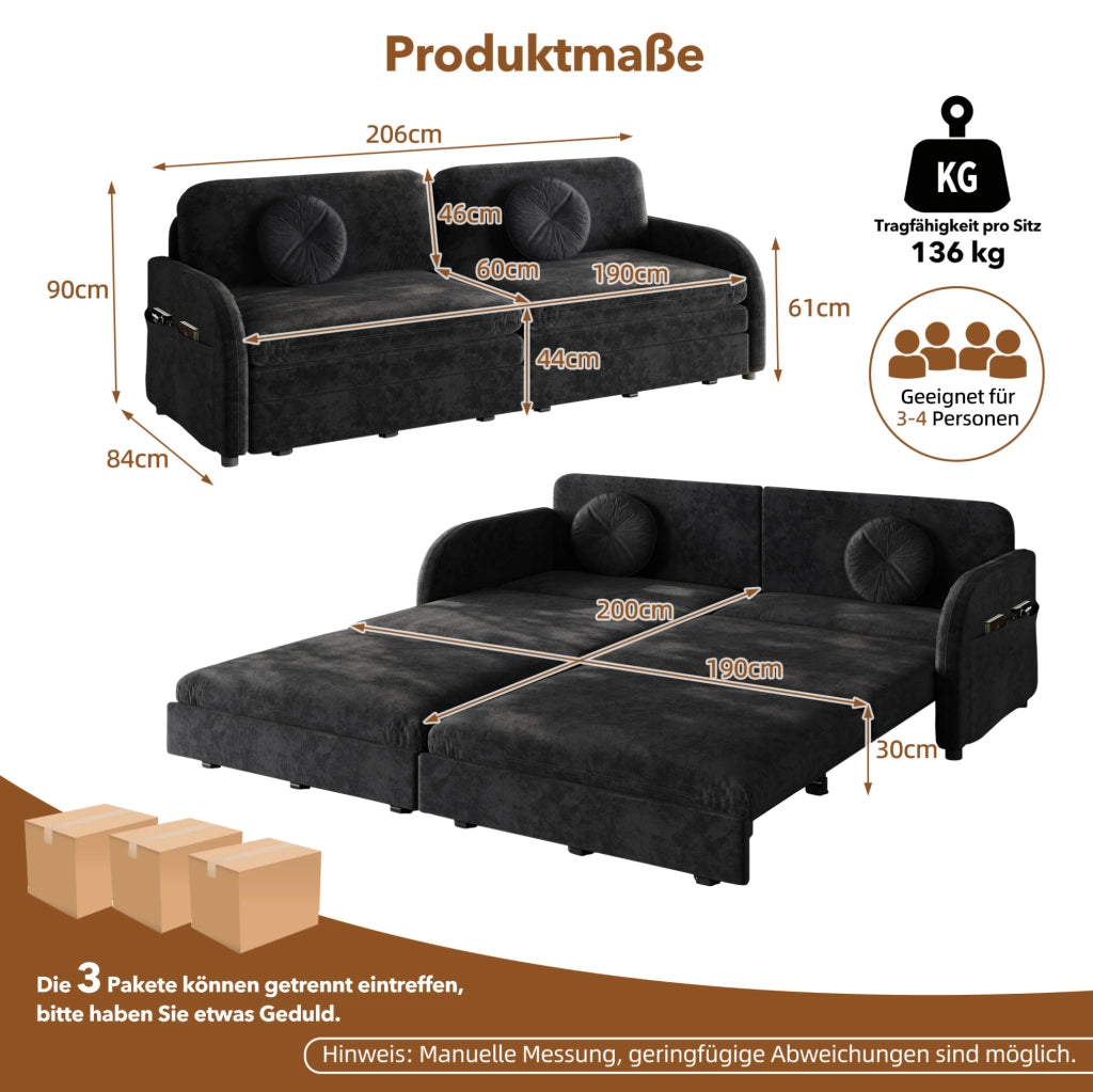 Divano Letto Estraibile King-Size 206 cm 3 Posti in Chenille Nero con Cuscini e Scomparti Laterali