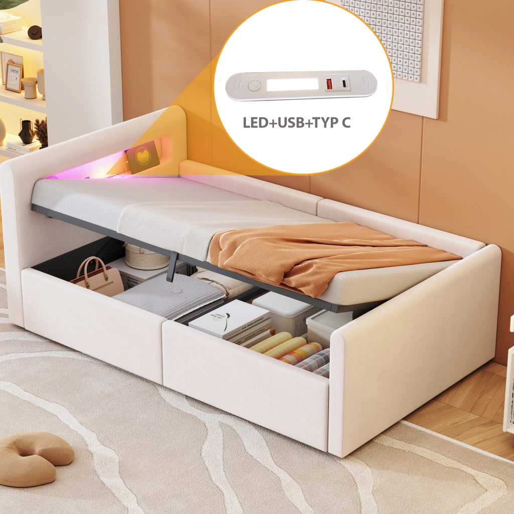 Letto singolo con contenitore 90 × 200 cm imbottito in velluto beige con LED; luce notturna; USB e rete a doghe