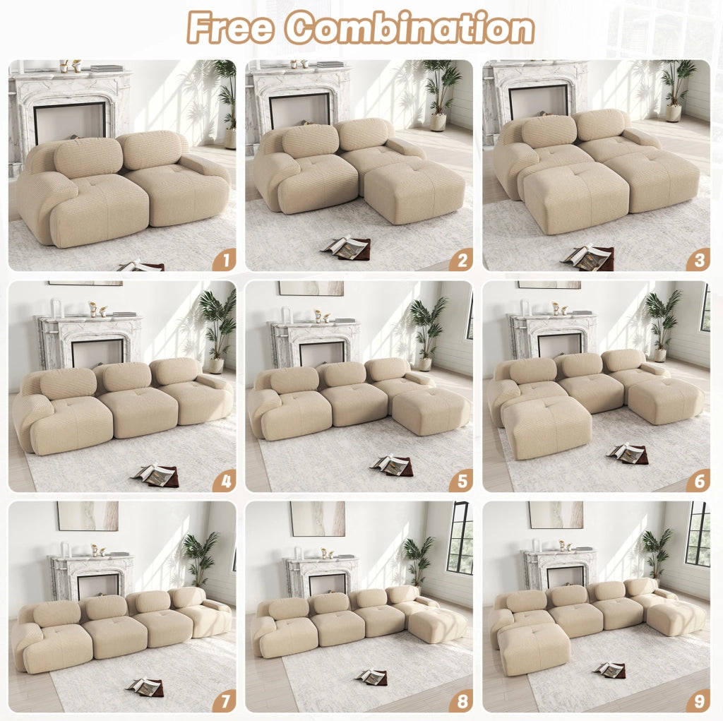 Divano 2 posti modulare in tessuto a coste beige con schiuma ad alta densità e braccioli ergonomici