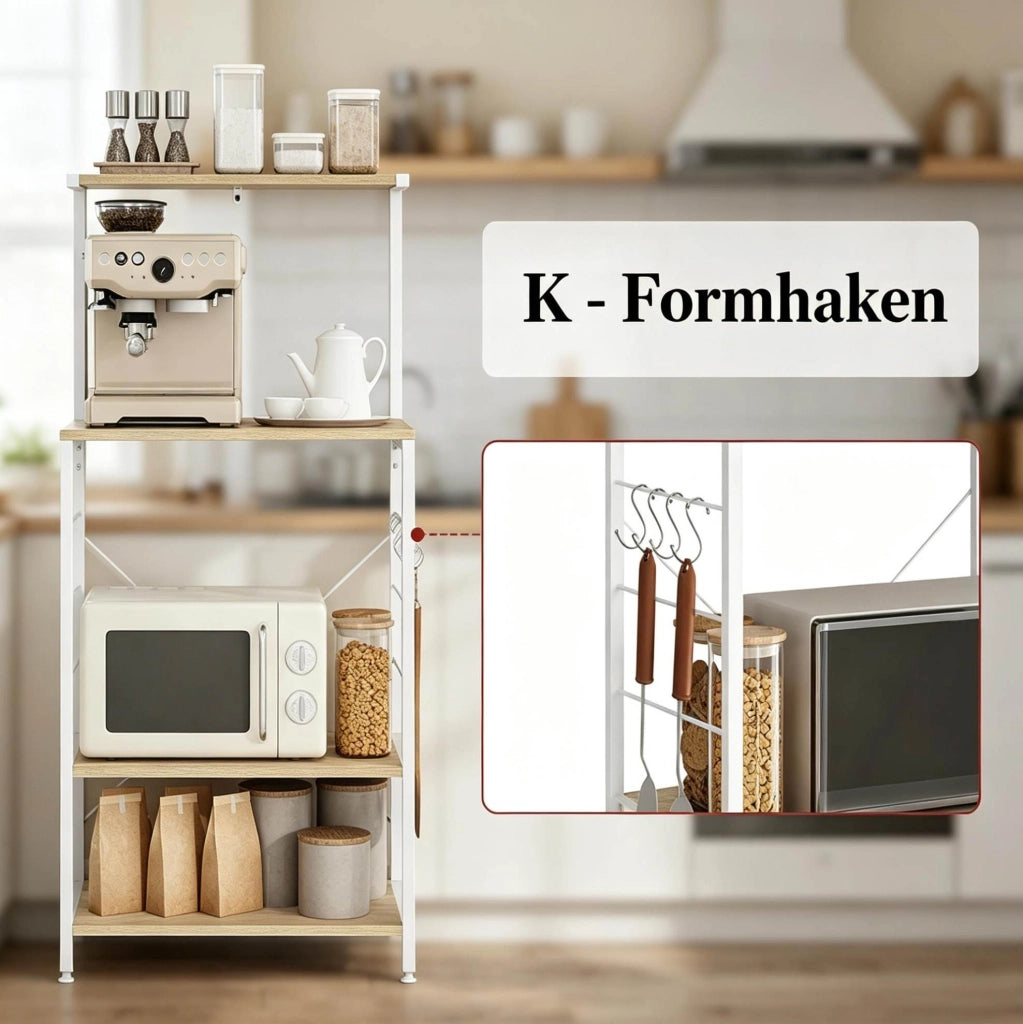 Scaffale da cucina a 4 ripiani con ganci, bianco e rovere
