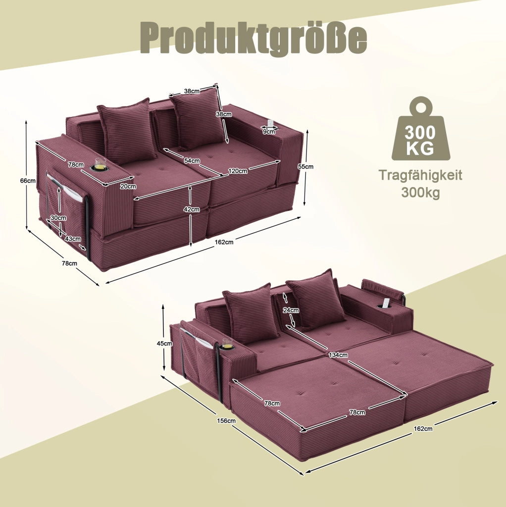 Divano Letto Doppio Moderno in Tessuto con Pouf Contenitore e Due Cuscini, 162x78x66 cm