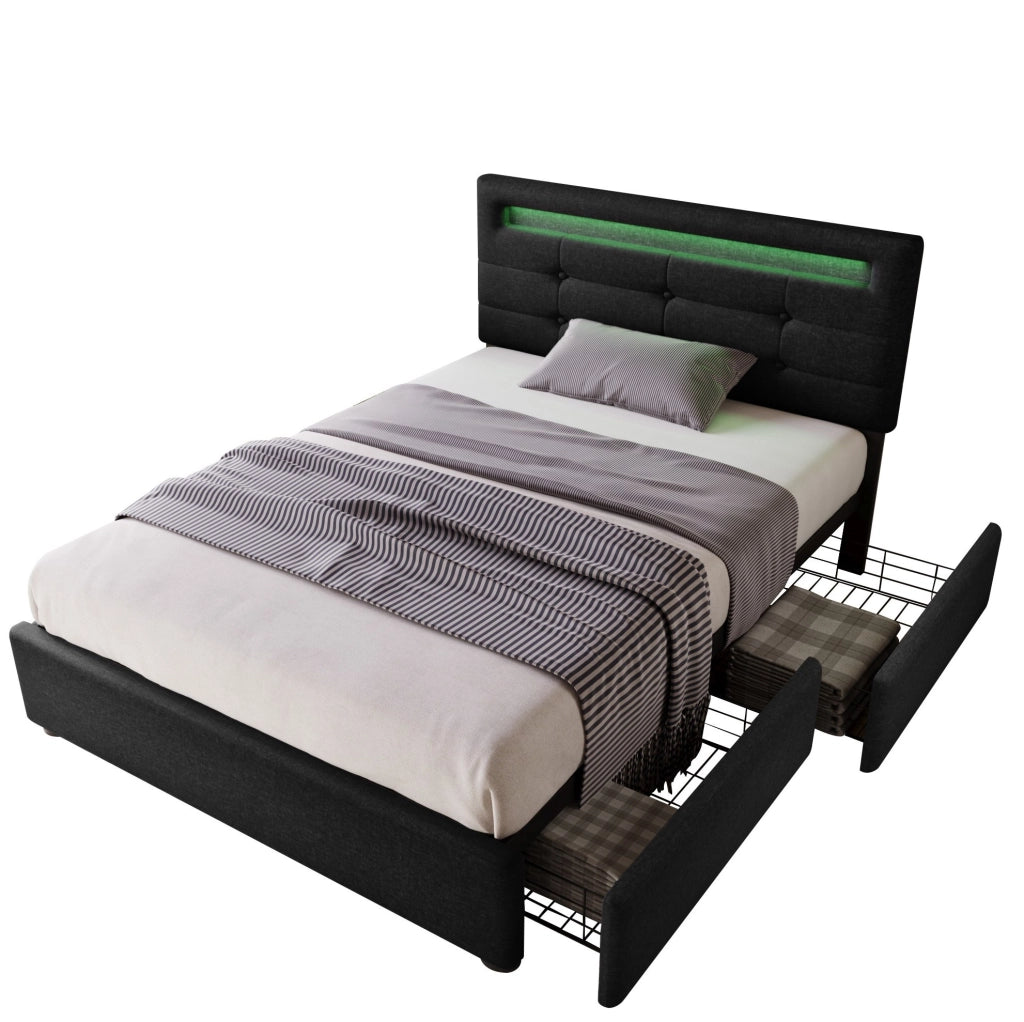 Bettiera imbottito con LED; 2 cassetti; 90x200 cm; nero