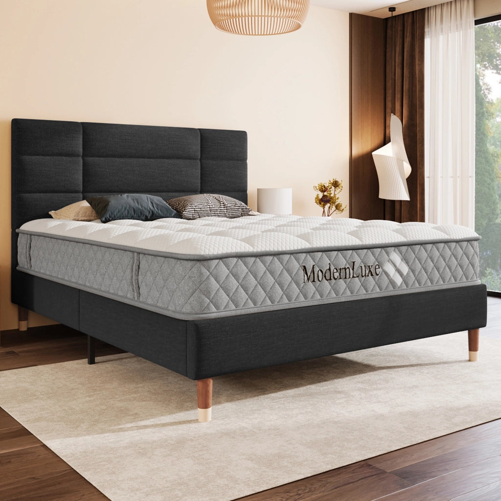 Letto matrimoniale 140 ¡Á 200 cm con materasso a molle insacchettate testiera in lino nero e rete a doghe