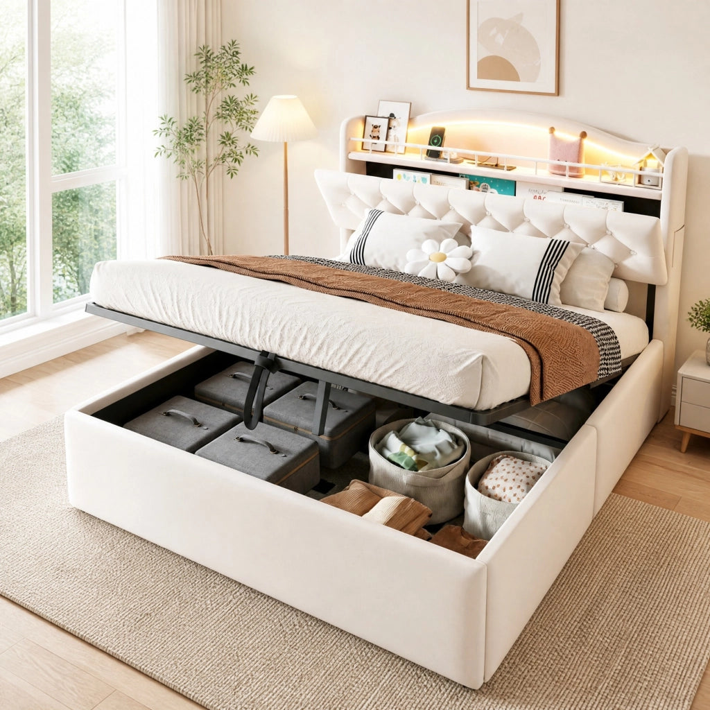 Letto matrimoniale contenitore 140x200 cm in velluto beige con LED; USB e USB-C HOMVRA