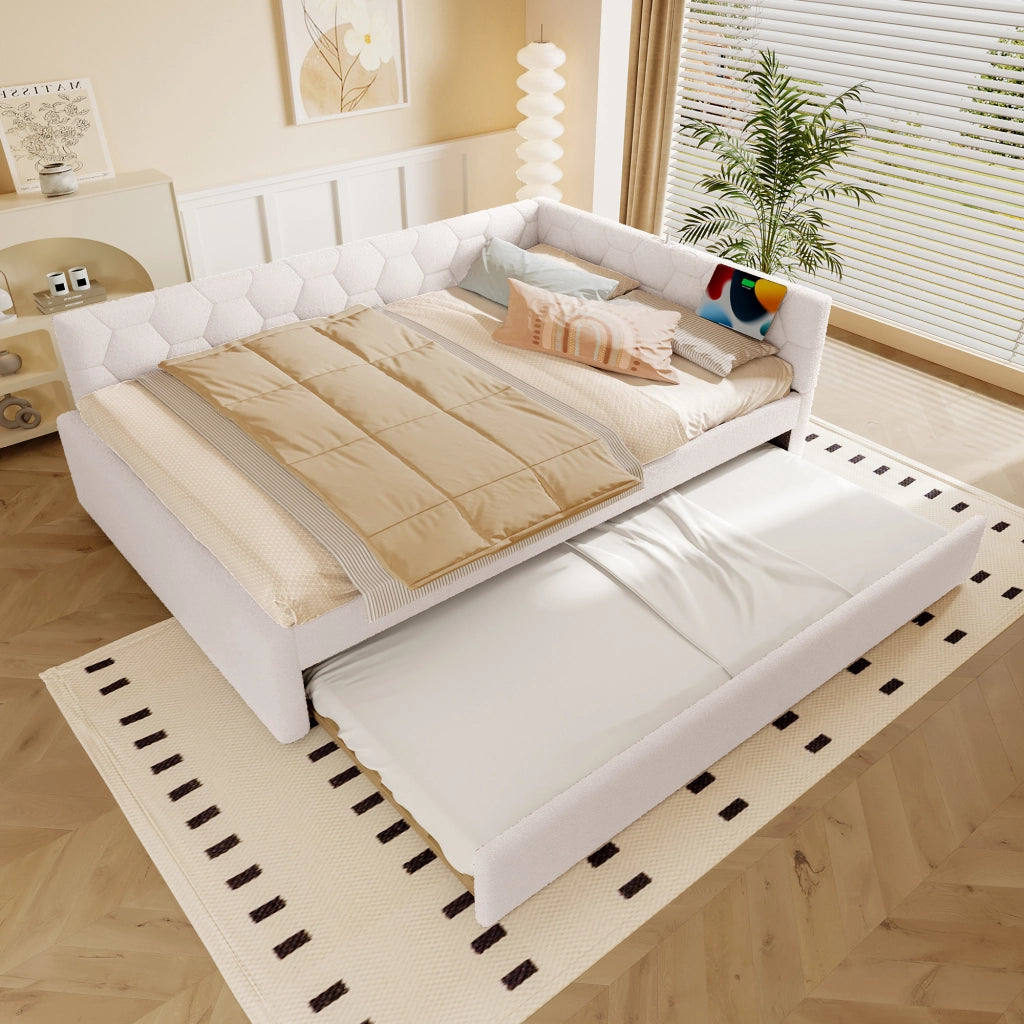Letto rosa 140x200 cm con rete a doghe e letto estraibile; lampada; USB e Type C; velluto e MDF