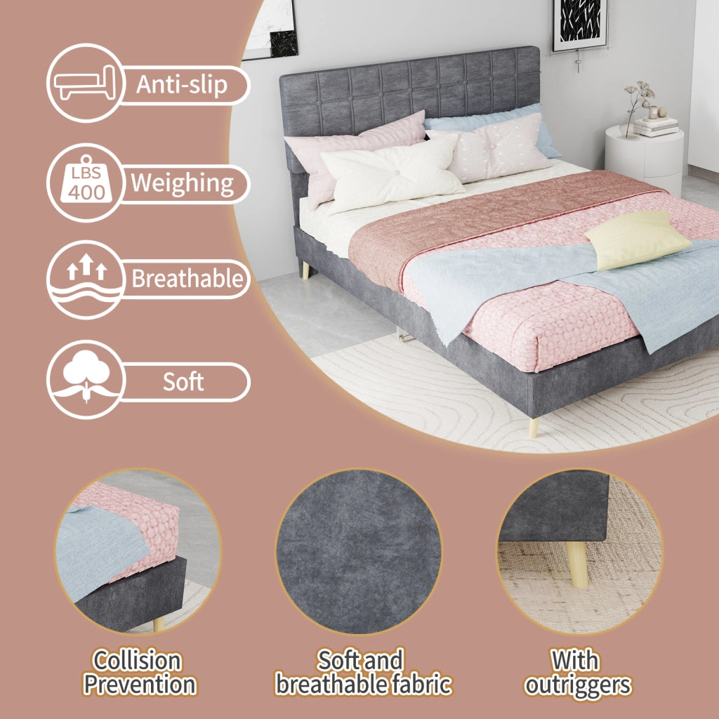Letto matrimoniale 140 ¡Á 200 cm in velluto grigio con testiera imbottita trapuntata e struttura in legno