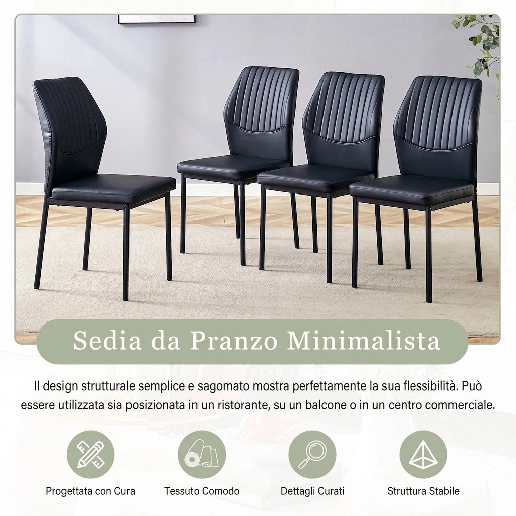 Set di 4 sedie da pranzo nere 93 cm con schienale a coste verticali; in PU e metallo