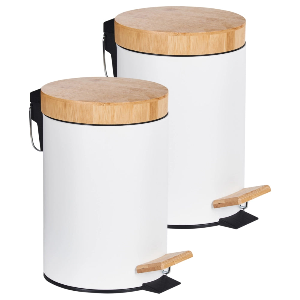 Set moderno di 2 cestini per rifiuti con pedale e coperchio per la cucina Ferro riciclabile verniciato a polvere Legno di bambù Materiale sintetico a prova di impronte digitali bianco