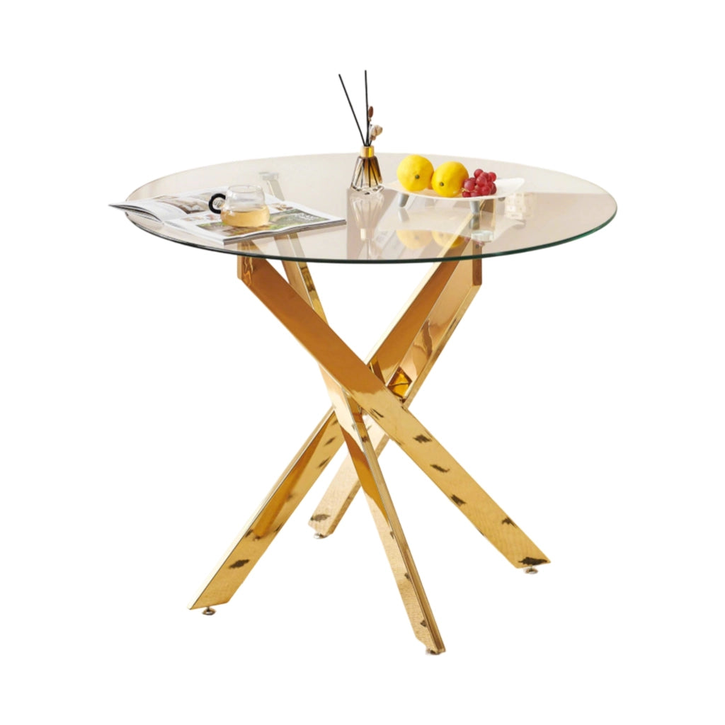 Tavolo da pranzo rotondo 80x80x75 cm in vetro e metallo; oro