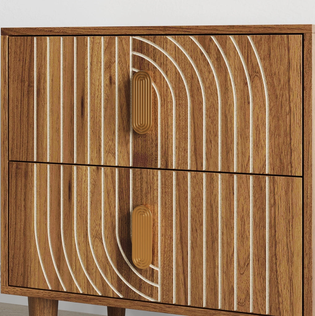 Comodino ULEVR in MDF marrone noce con 2 cassetti, inserti geometrici e gambe in legno