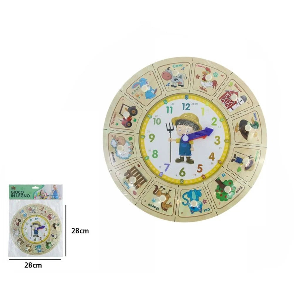 Trade Shop - Orologio Puzzle In Legno Educativo Gioco Con Tessere A Incastro Fattoria Con Pomelli 53767 -