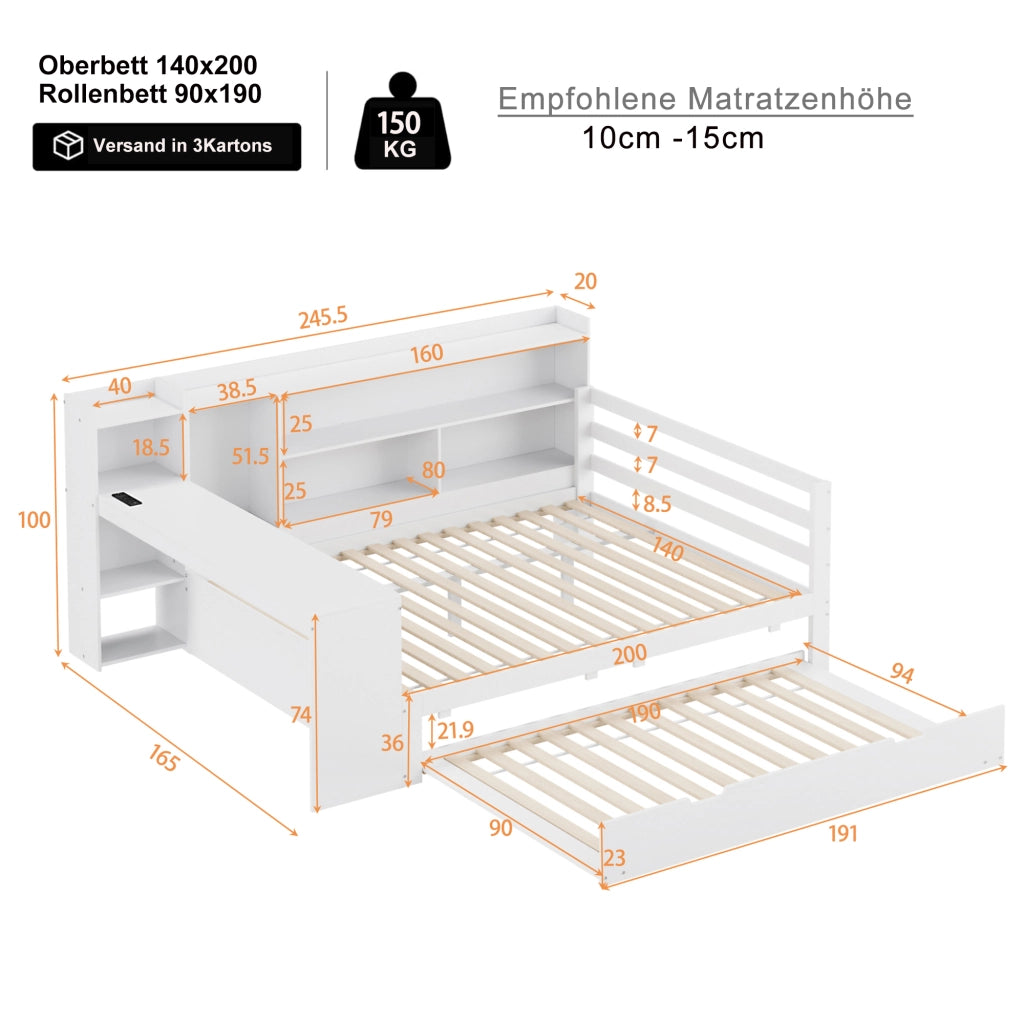 Letto con letto estraibile 140 × 200 cm con scrivania; ripiani; vani e prese USB in legno bianco