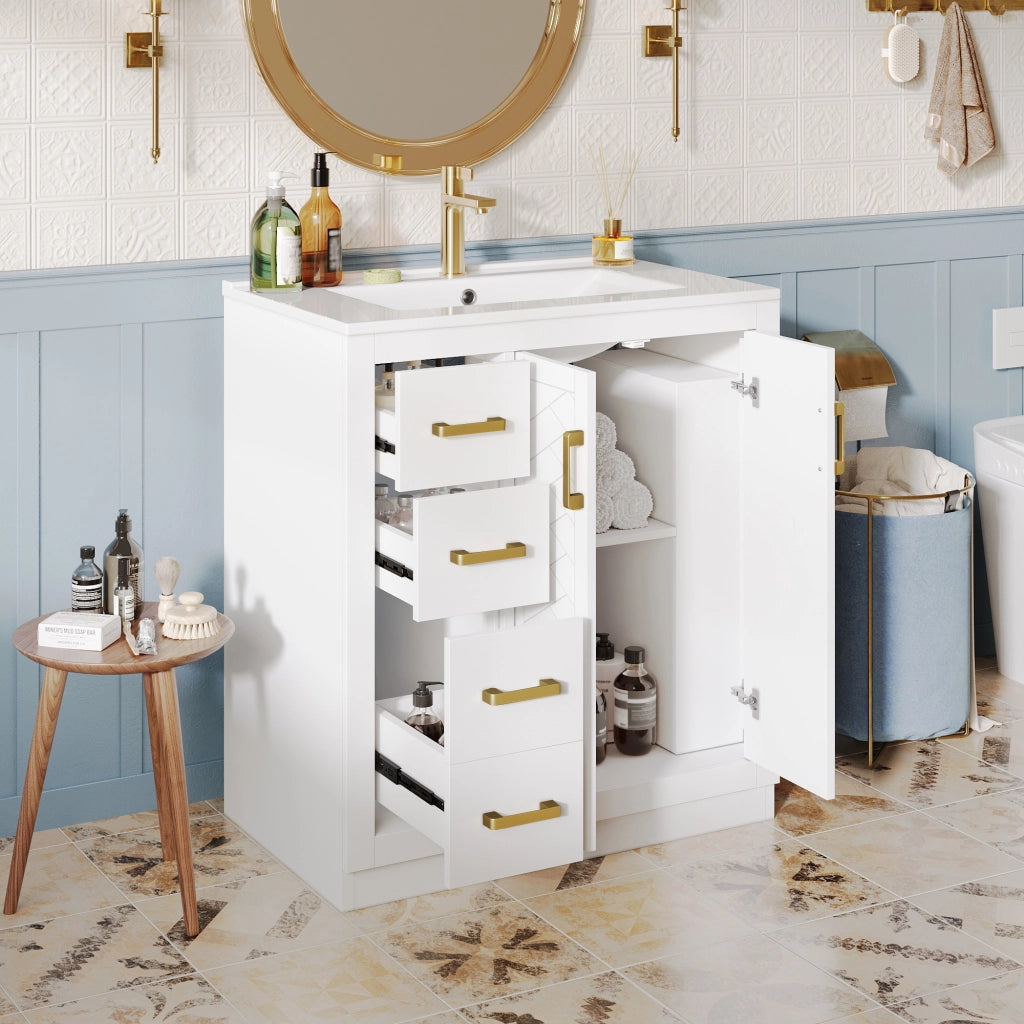Mobiletto con lavabo in ceramica con 3 cassetti; 2 ante e ripiani laterali aperti bianco 76.5 × 46.5 × 84.5 cm