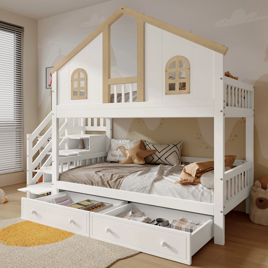Letto a castello per bambini 90 x 200 cm a casetta; pino e MDF; scala contenitore; bianco e legno naturale