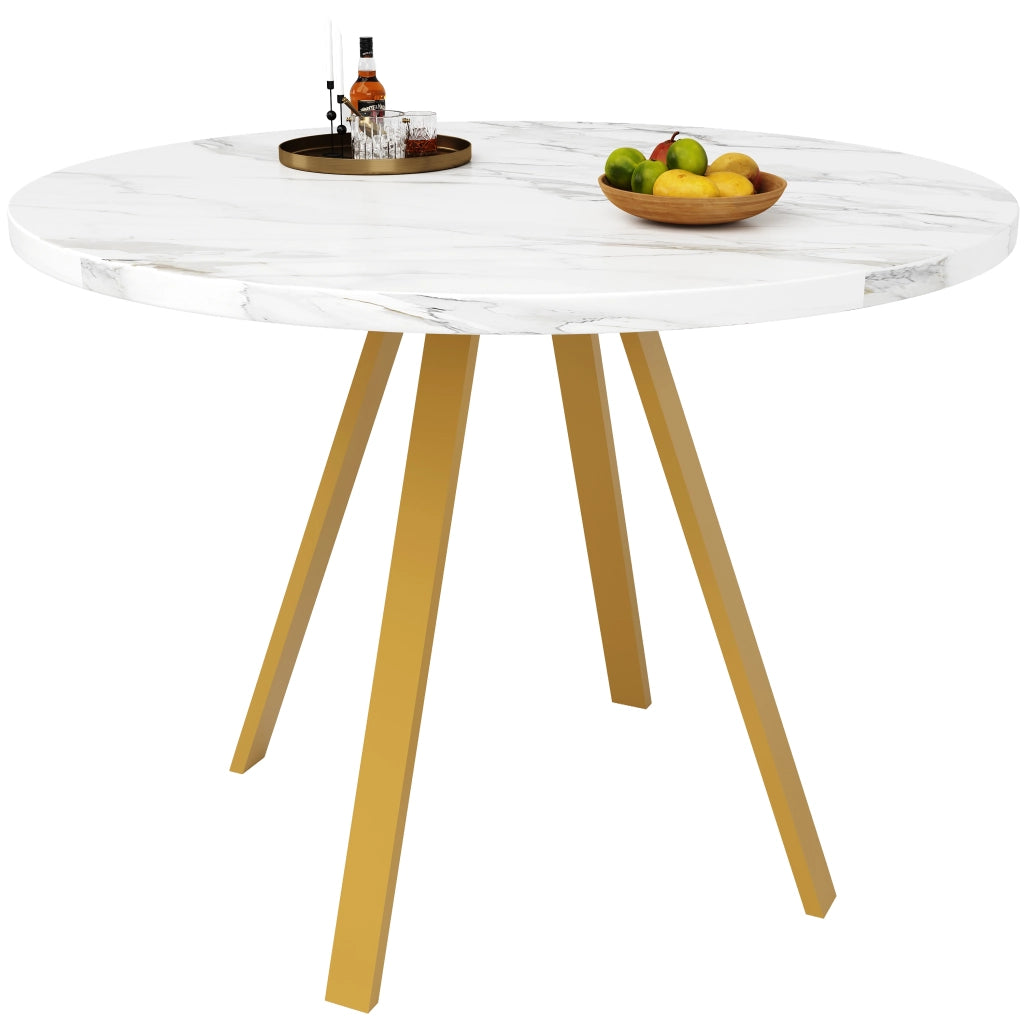 Tavolo da pranzo rotondo in MDF con gambe in metallo bianco effetto marmo e oro per sala da pranzo 80 × 80 × 75 cm