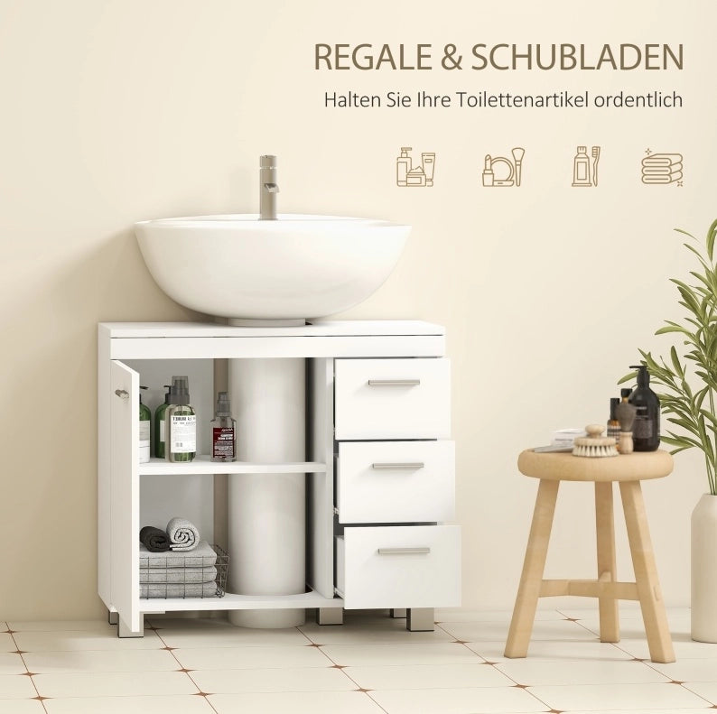 Mobile bagno bianco in MDF con ripiani, 3 cassetti e taglio a U per lavabo a colonna