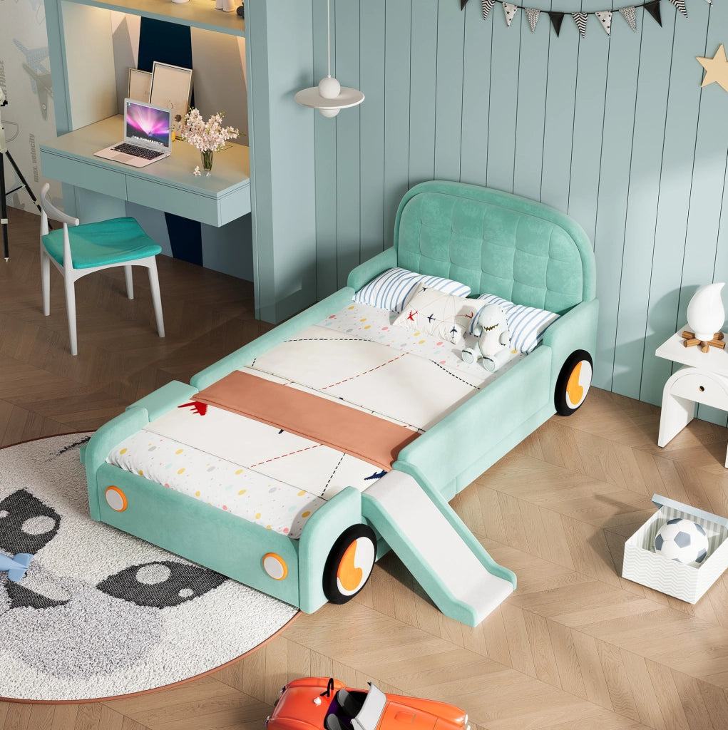 Letto per bambini a forma di auto con scivolo e scala 90x200 cm in velluto blu-verde