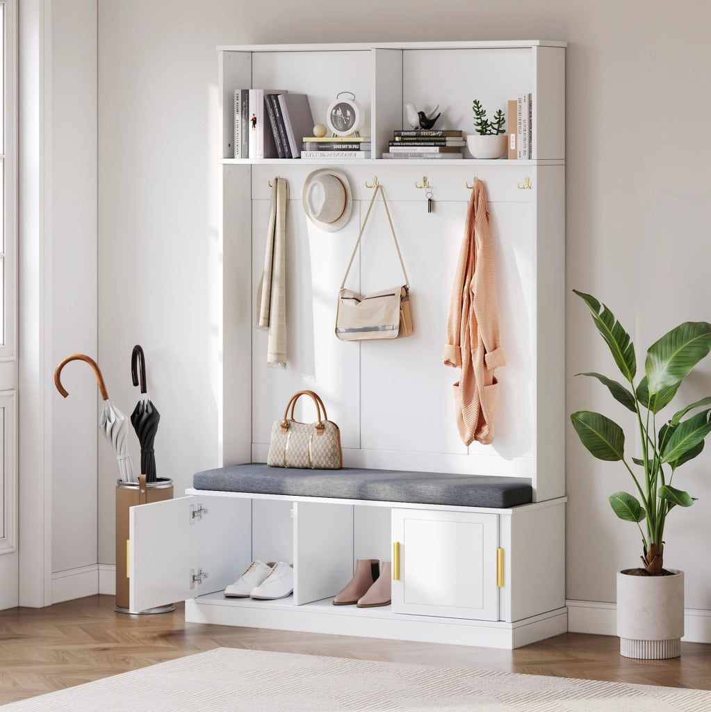 Appendiabiti da ingresso con panca e scarpiera; 120 ¡Á 40 ¡Á 191 cm; bianco